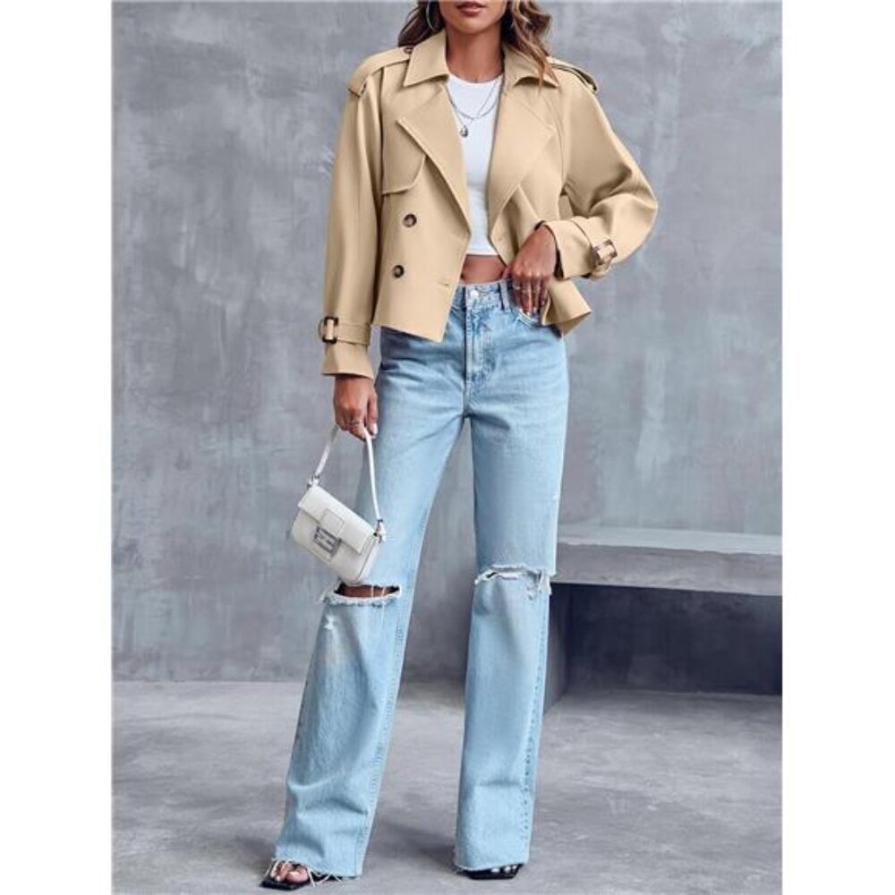Women Crop Double Breasted Trench Coat Raglan Sleeve Work Office - Picture 4 of 7